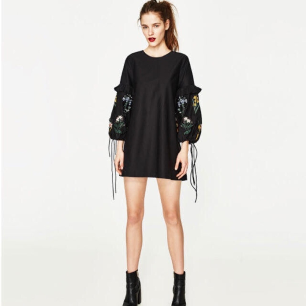 ZARA Dress Small Black Embroidered Tie Sleeve Mini Poplin Shift Floral